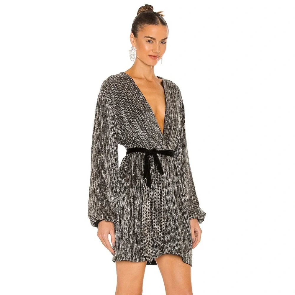 RETROFETE Gabrielle Velvet-trimmed Beaded Chiffon Mini Wrap Dress in Silver - Picture 2 of 9